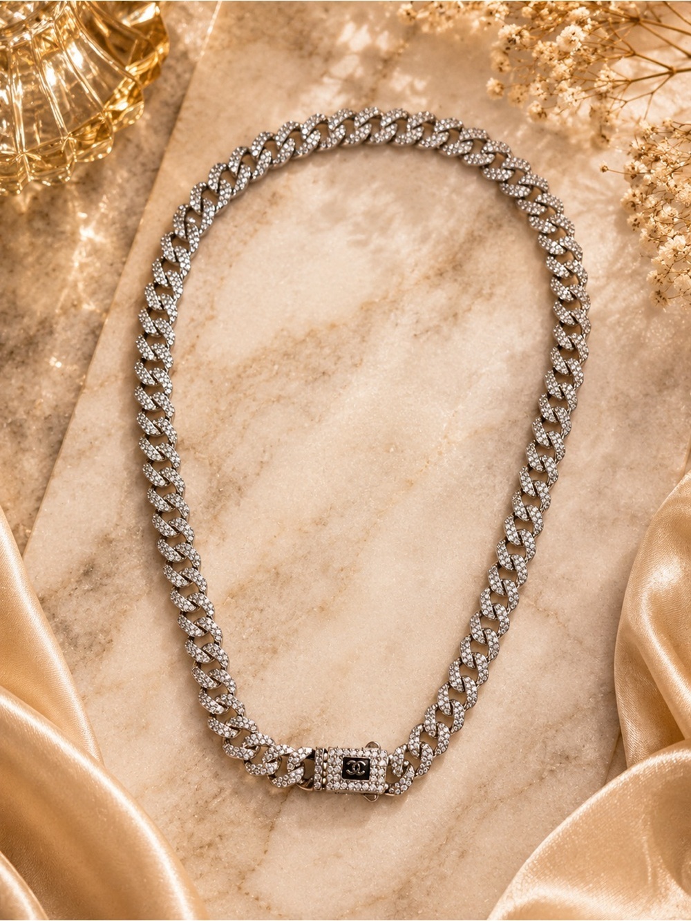 Silver-Tone Pavé Cuban Link Necklace | Iced Statement Necklace | 18”